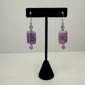 Purple Stone Beaded Dangle Earrings Silver Plated Accents Fashion Jewelry 2.5 in